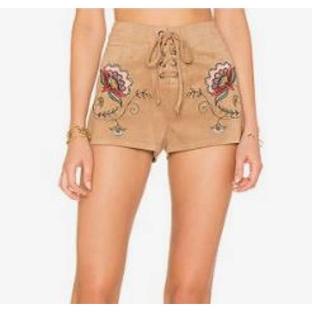 BB Dakota Women's Lace Up Front Embroidered Bohemian Suede Shorts Size 10 Brown